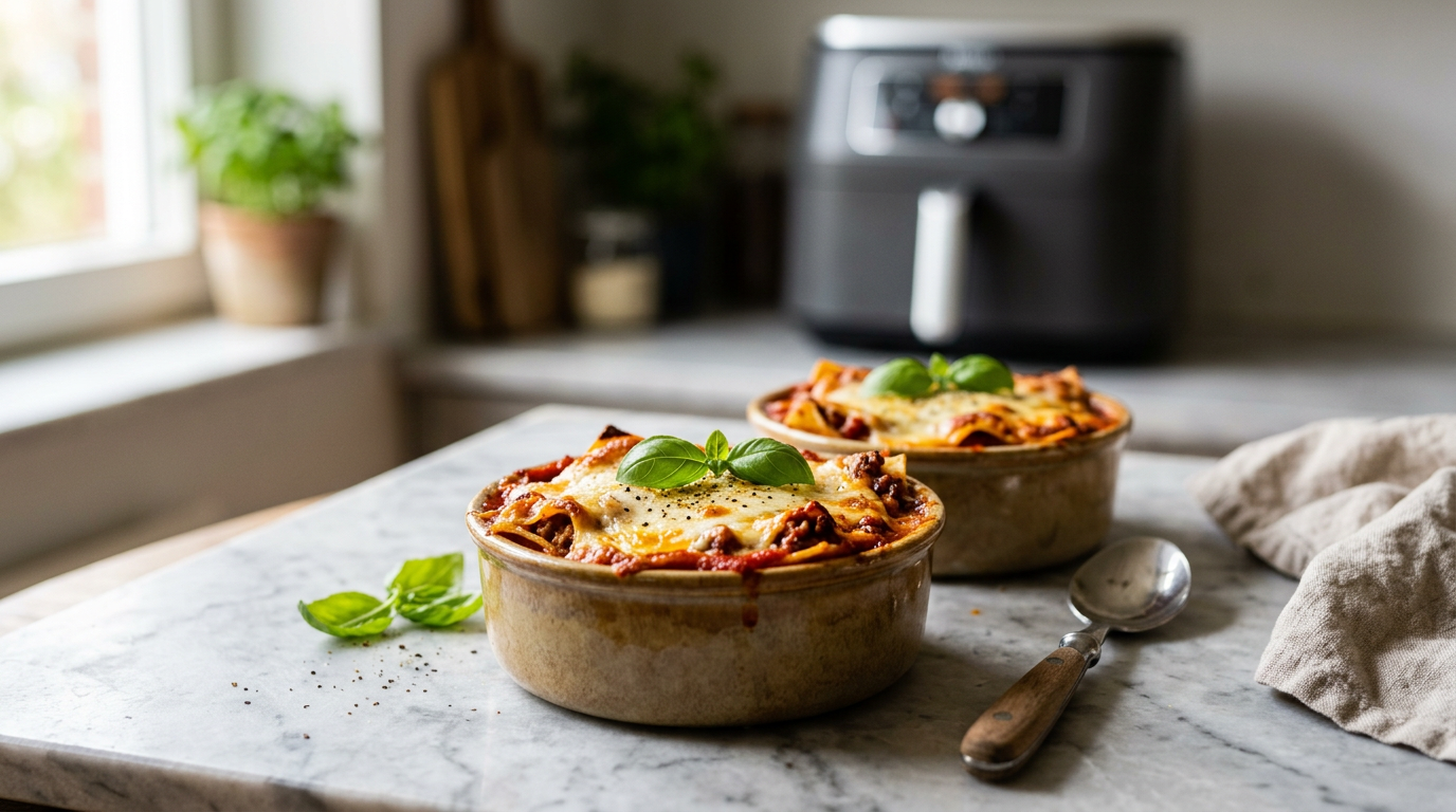 To små lasagner i ramekin med gylden ost og basilikum på marmor