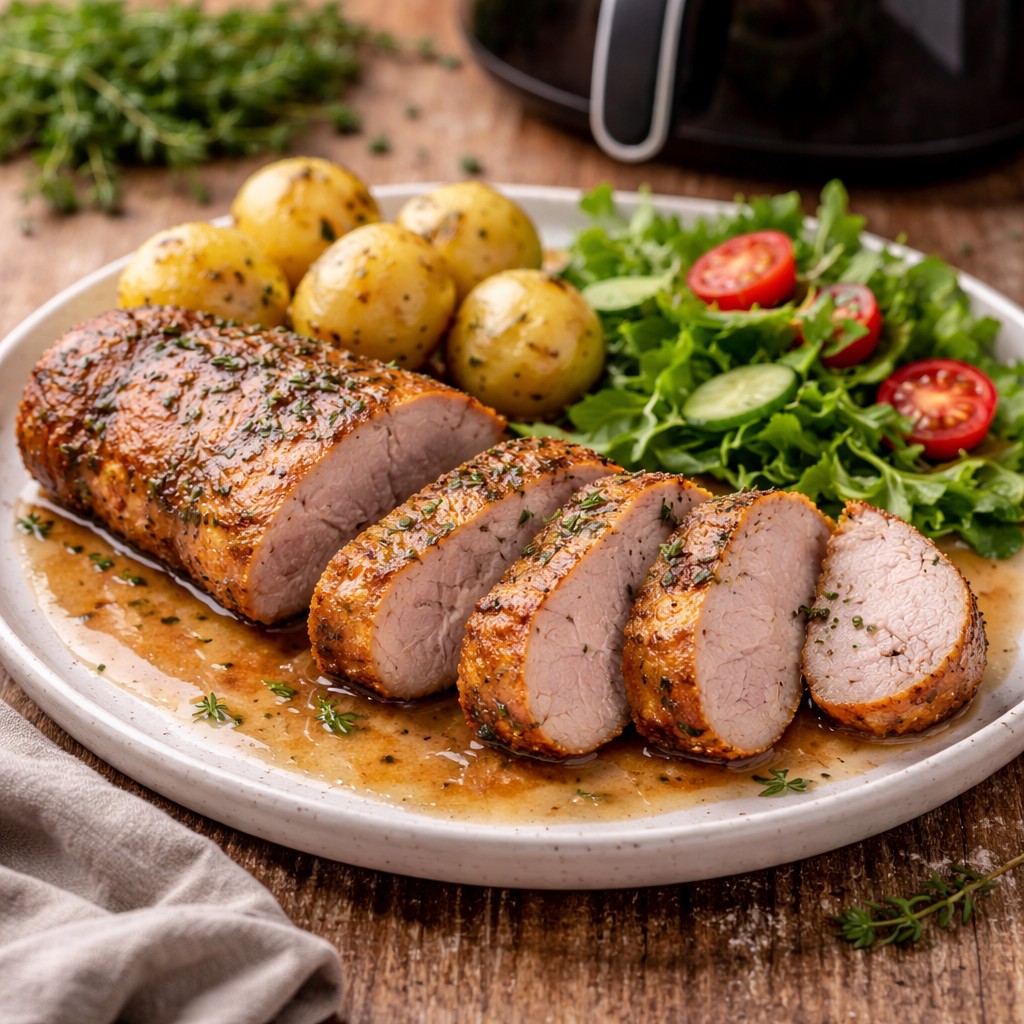 Saftig skåret svinemørbrad med kartofler og grøn salat på tallerken foran en airfryer