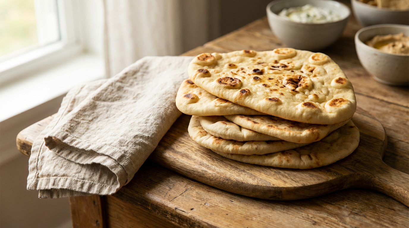 Stak af gyldne naan og pitabrød på bræt