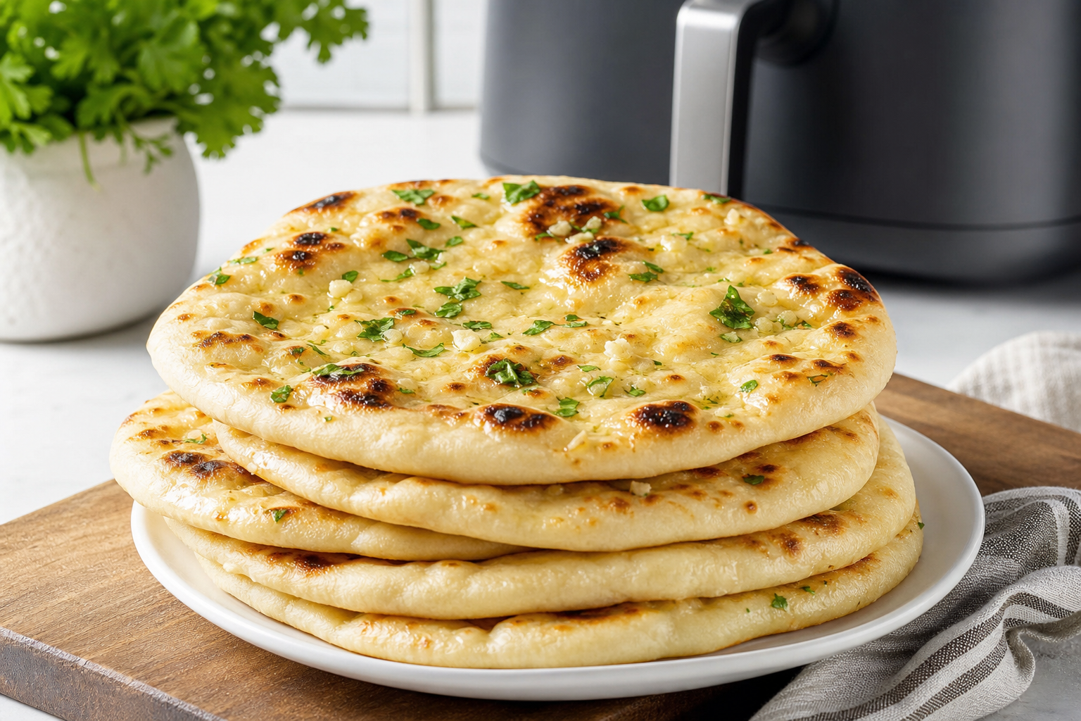Stak af gyldne naanbrød med hvidløgssmør på træbræt foran airfryer
