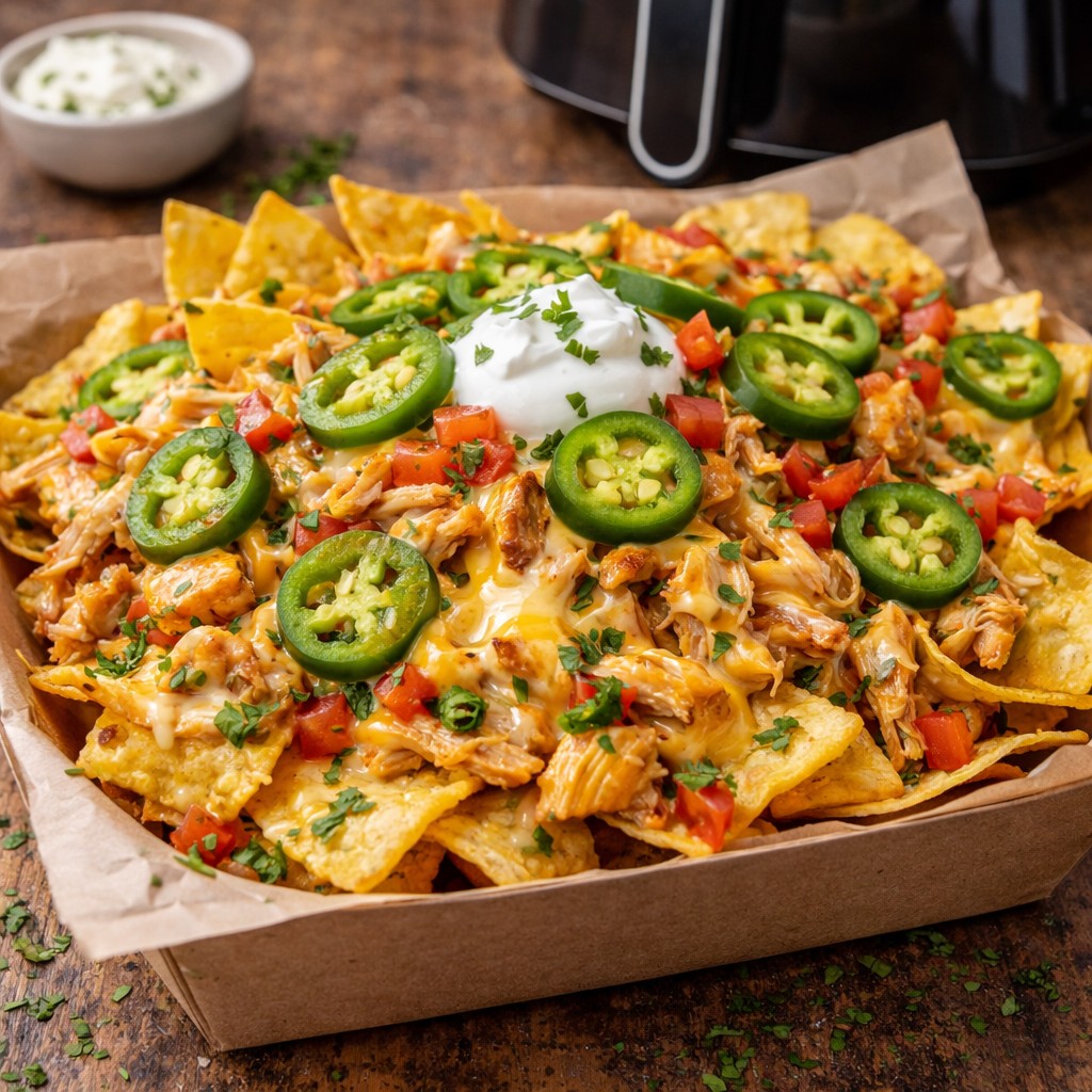 Airfryer nachos med kylling, jalapenos og smeltet ost på bakke med creme