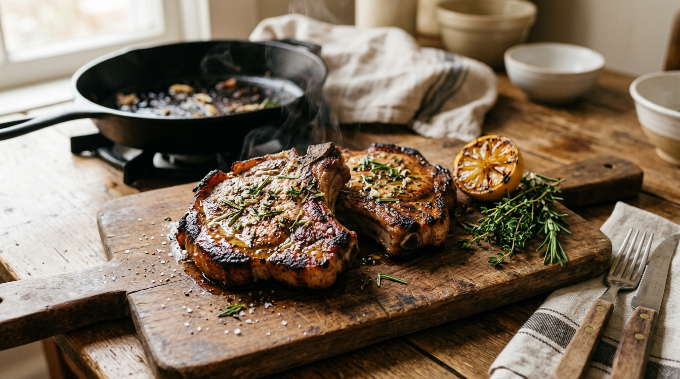 To gyldne nakkekoteletter med urter, citron og damp på tallerken