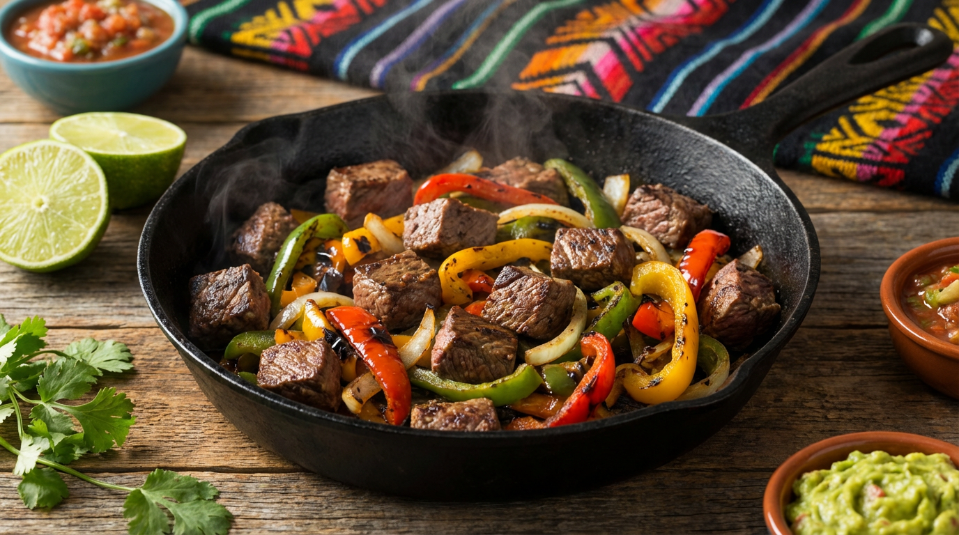 Gyldne oksestrimler med peberfrugt og løg i skål med lime og koriander