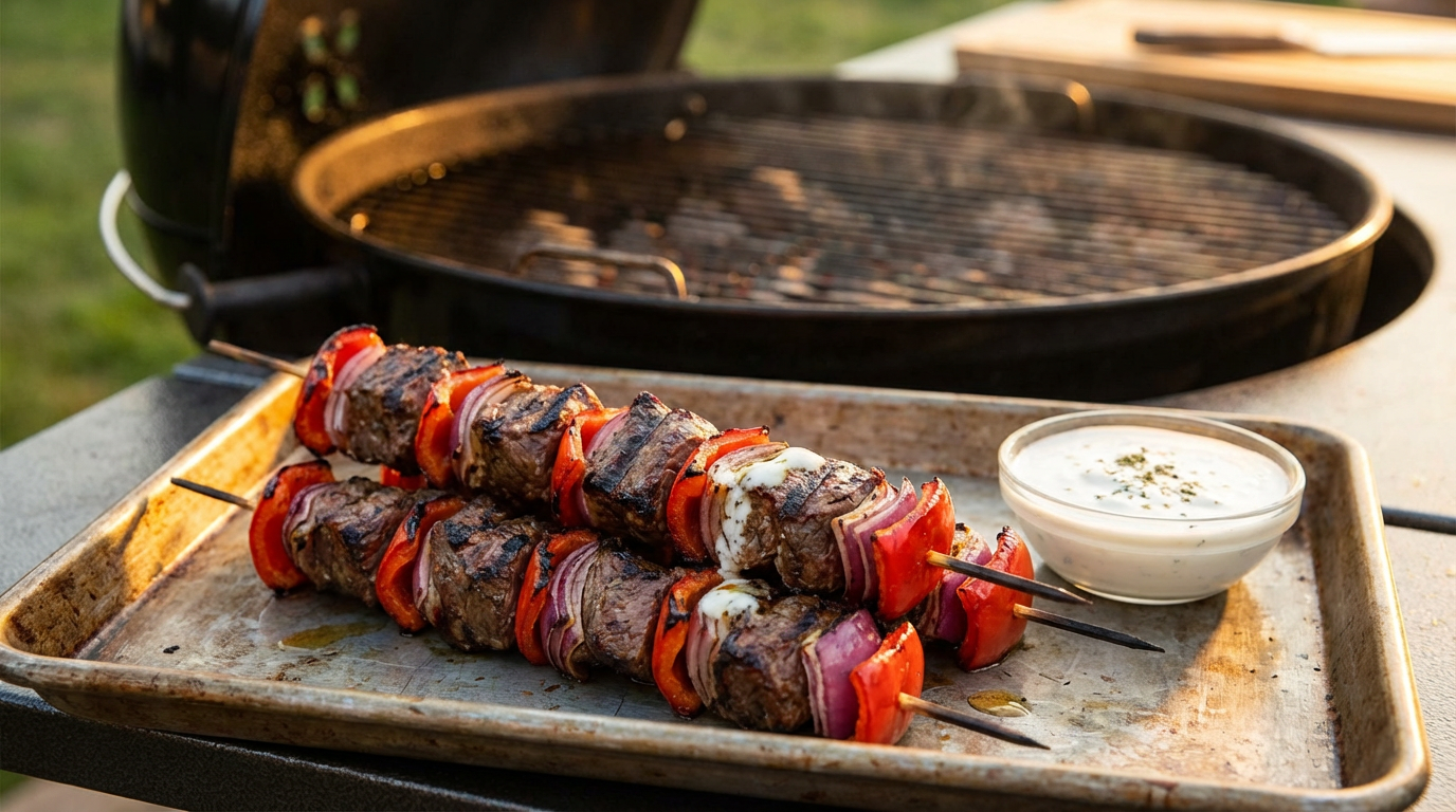 Gyldne okse kebab-spyd med løg, citron og persille på metalbakke