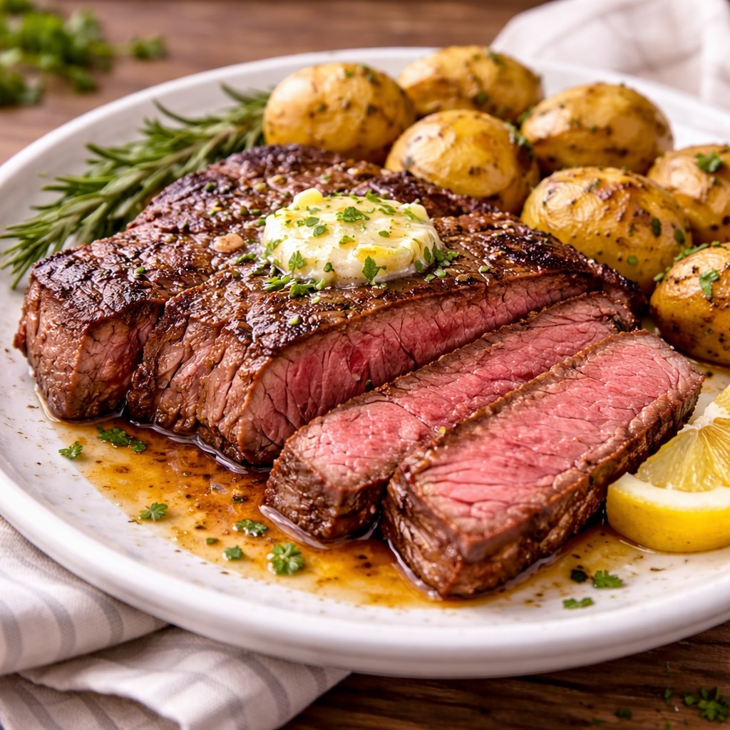 Skåret oksebøf med rosa midte, urtesmør og persille ved siden af små ristede kartofler, rosmarin og citron på hvid tallerken