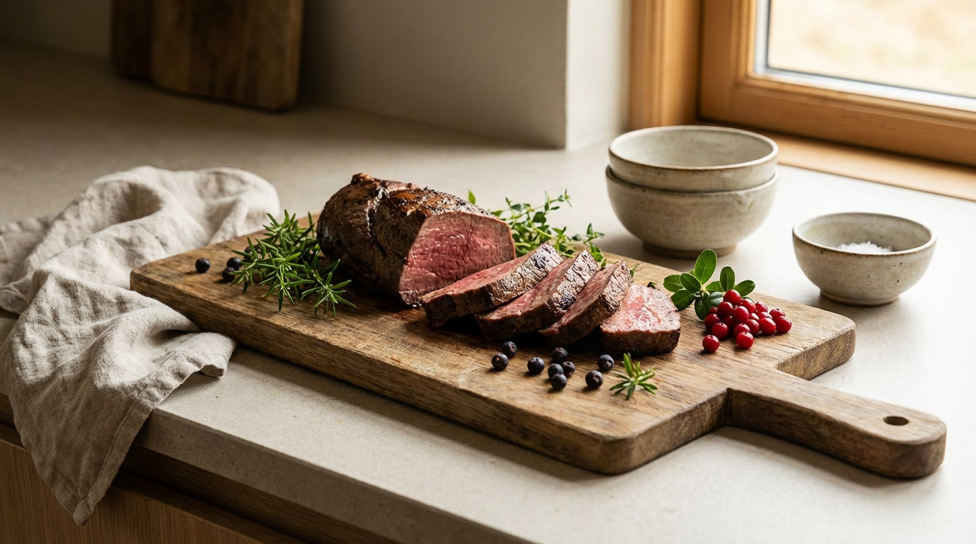 Skiver af tilberedt oksehjerte med urter på bræt
