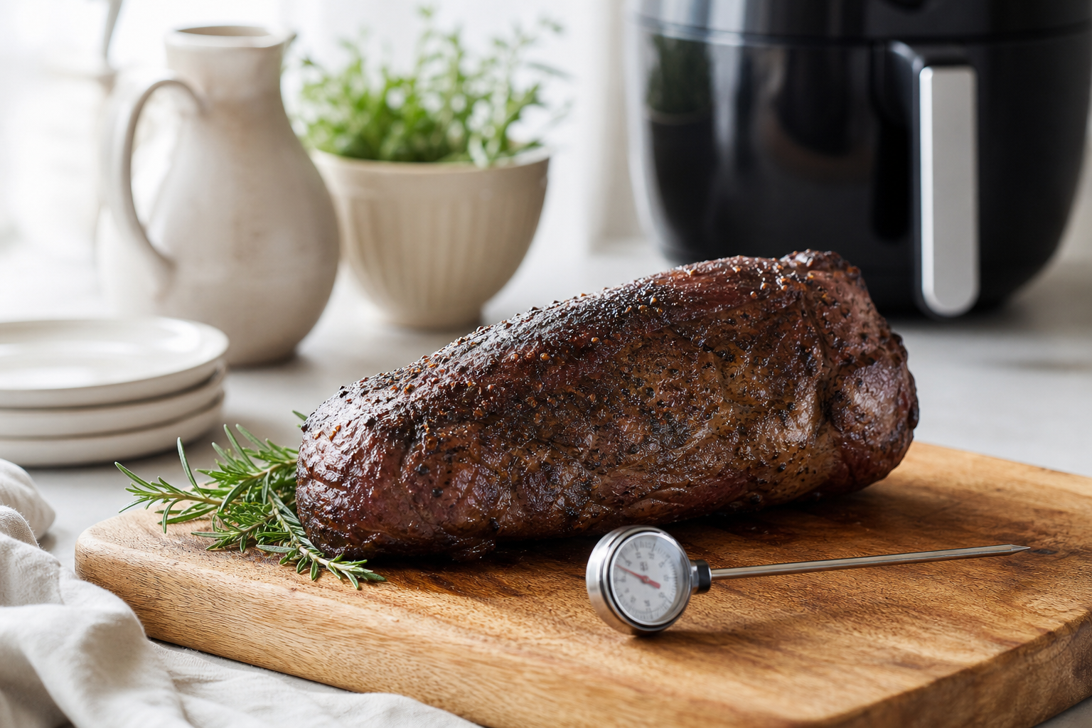 Helstegt oksemørbrad med krydderi på skærebræt, lys high-key fotostil, airfryer sløret bag ved.