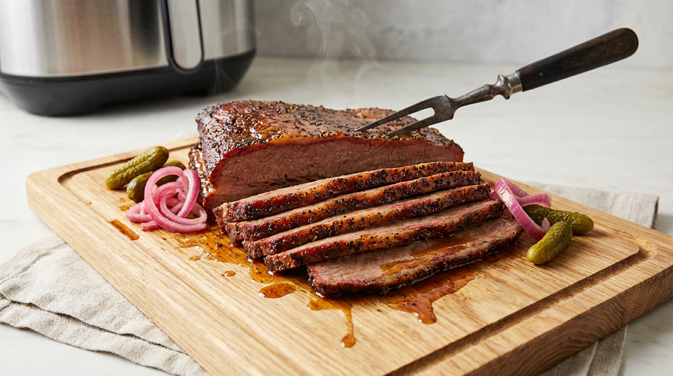 Lys madfoto: skåret oksespidsbryst på bræt med tilbehør, lyst rum, airfryer i blødt fokus