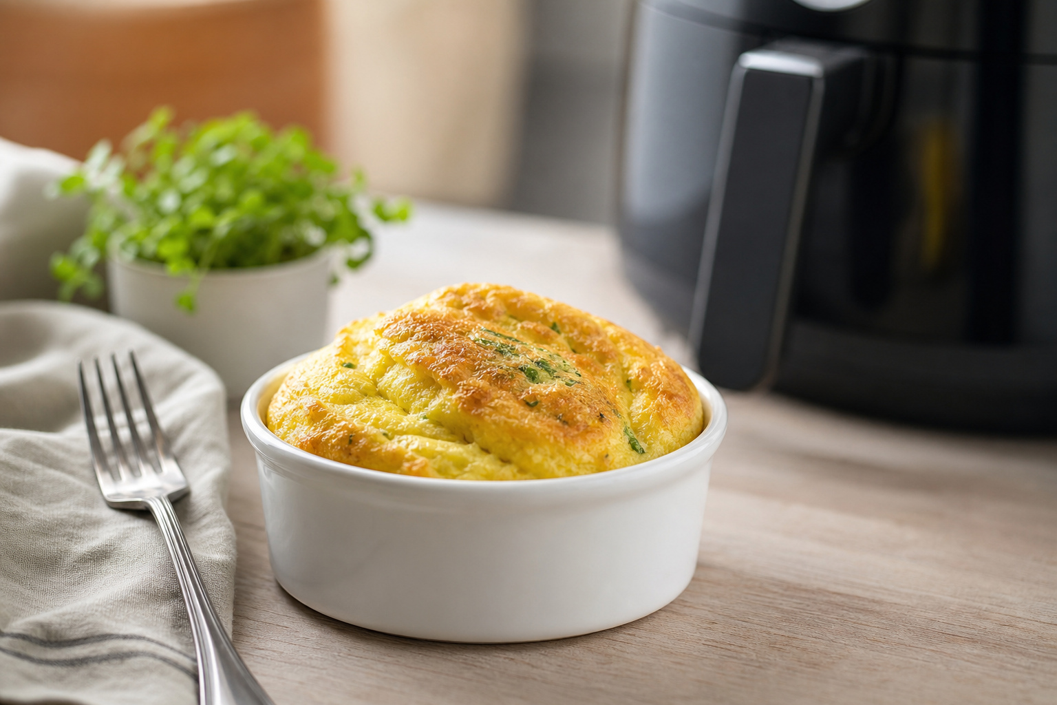 Luftig omelet i lille fad på lyst køkkenbord, morgenlys og airfryer i udvisket fokus bagved.