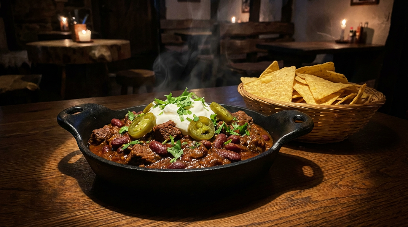 Dyb rød chili med bønner, oksekød og persille i varmt fad