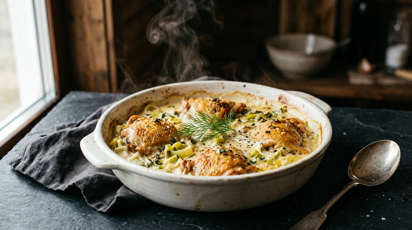 Lun kylling i cremet porresauce i stentøjsfad med persille og brød