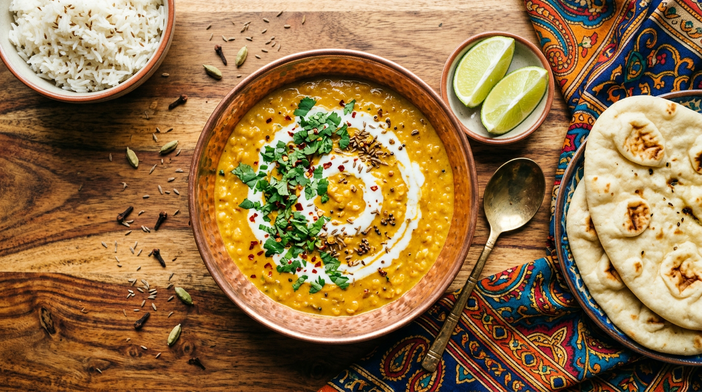 Gylden linsegryde med kokos og koriander i fad med brød ved siden af