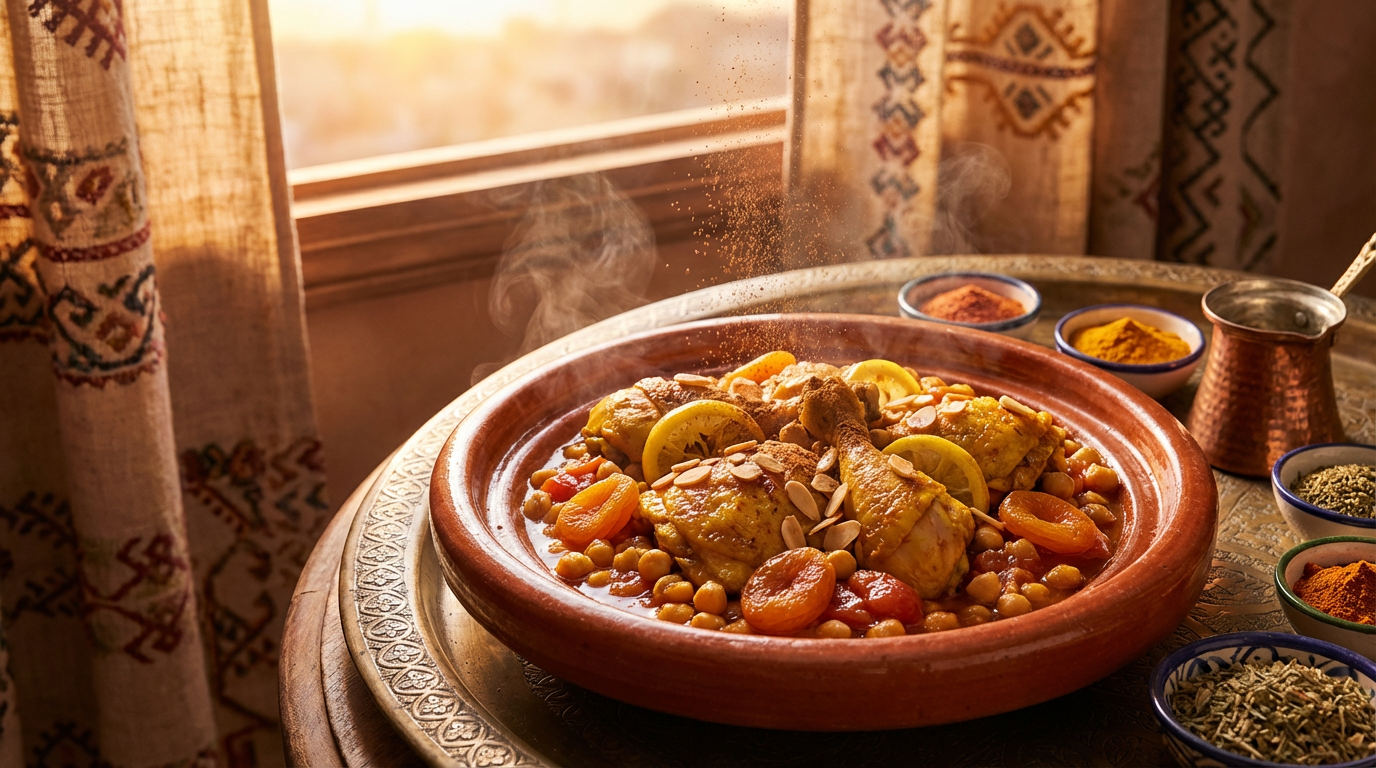 Gyldent simreret med kylling, kikærter, abrikos og citron i lerfarvet fad