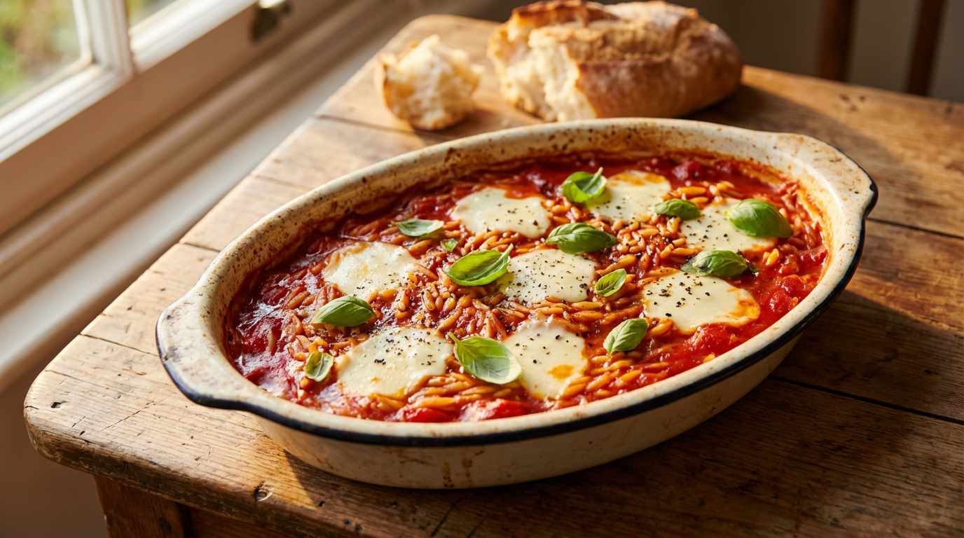 Fad med cremet tomat-orzo, mozzarella og frisk basilikum ovenpå