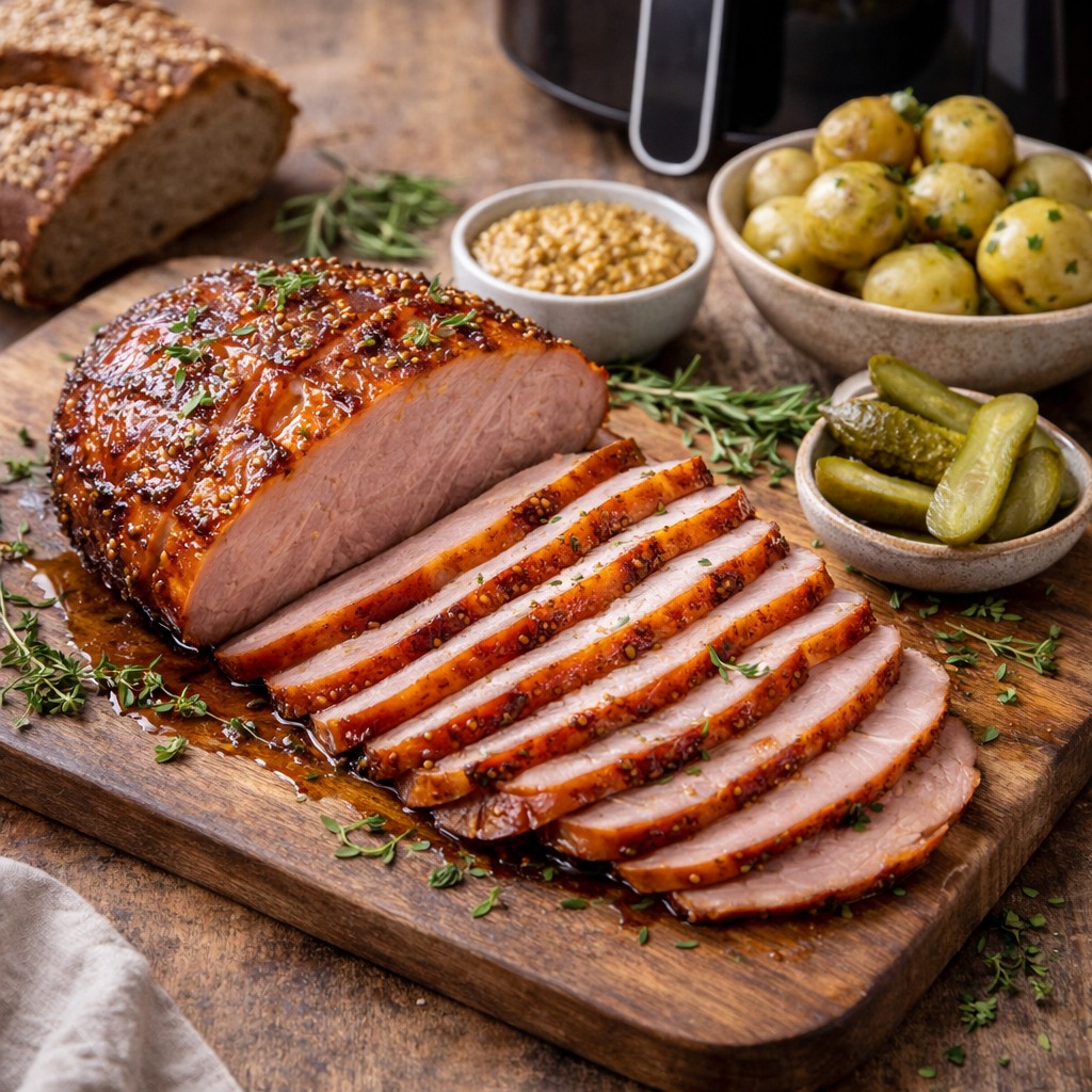 Glaseret påskeskinke i skiver på skærebræt med kartofler og cornichoner