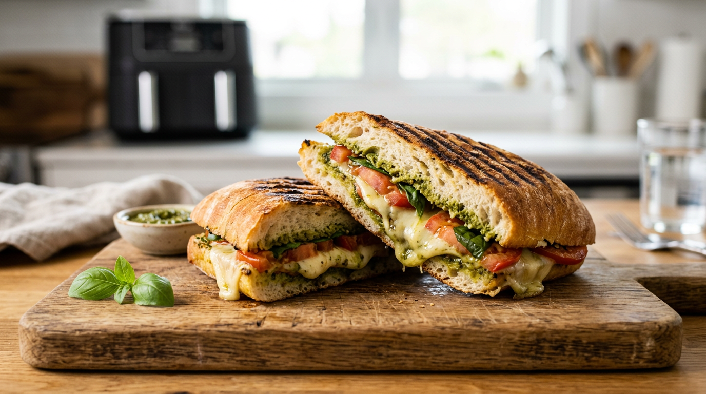 Ciabatta-panini skåret over med ost, pesto og tomat — rustikt bræt