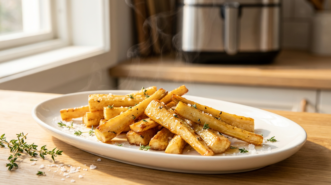 Gyldne pastinakstave med honningglaze og timian på tallerken, citron ved siden af, lyst bord og airfryer i baggrunden