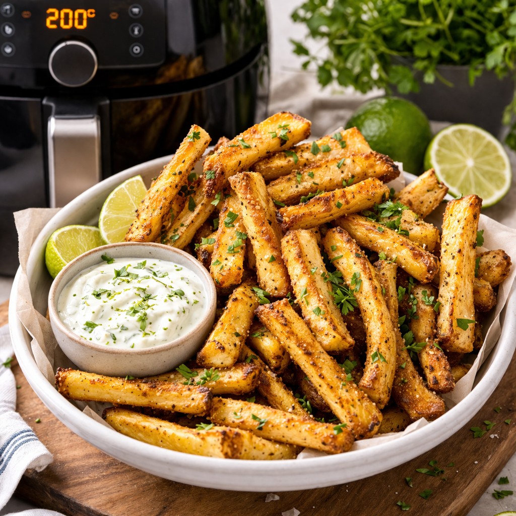 Sprøde airfryer pastinakfritter med lime-yoghurt dip ved siden af airfryer