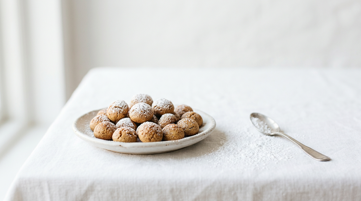 Lille tallerken med runde brune pebernødder, sigtet flormelis, lyst minimalistisk madfoto