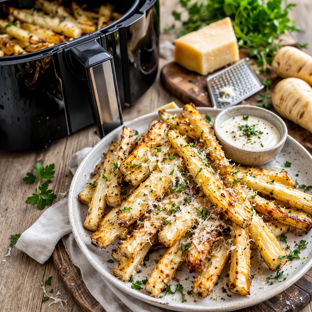Gyldne persillerodsstave på tallerken med revet parmesan, hakket persille og peber, lille skål med hvid dip, airfryer med flere stave i kurven og hele persillerødder i baggrunden
