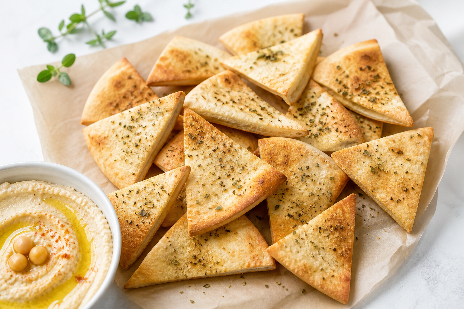 Gyldne pita-snackchips på fad med hummus i baggrunden