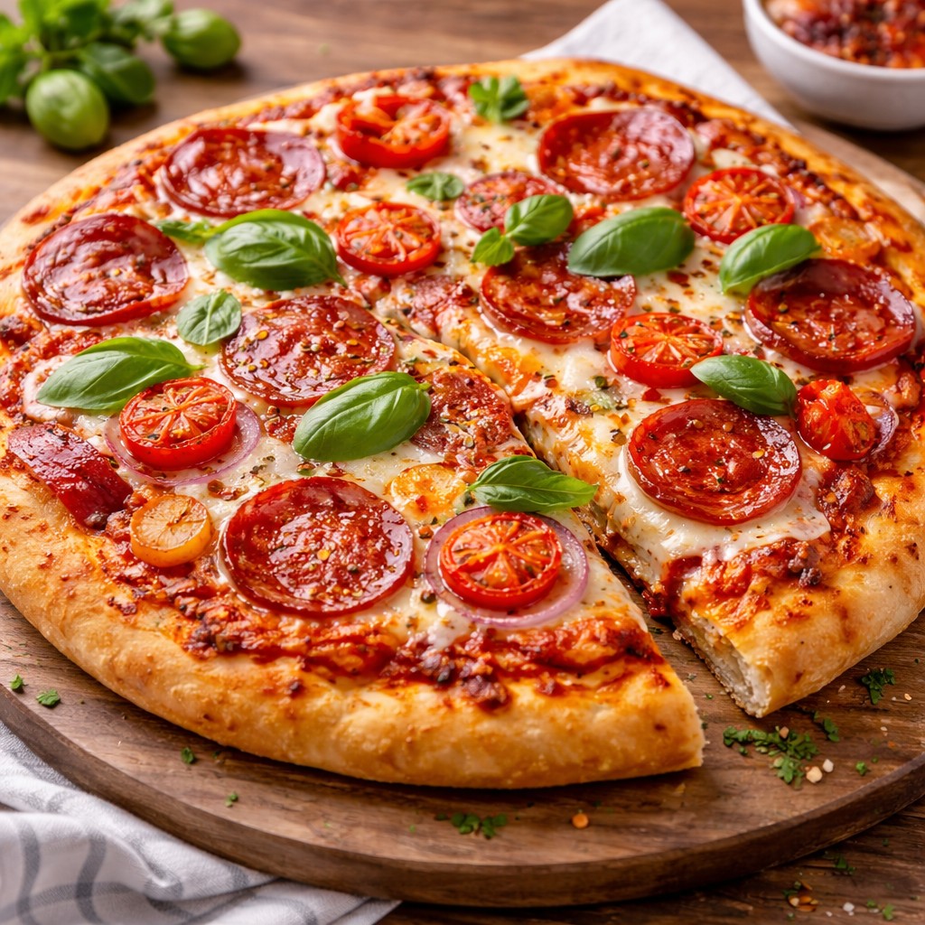 Lille pepperoni-pizza med smeltet ost, cherrytomater, rødløg og frisk basilikum på træfad