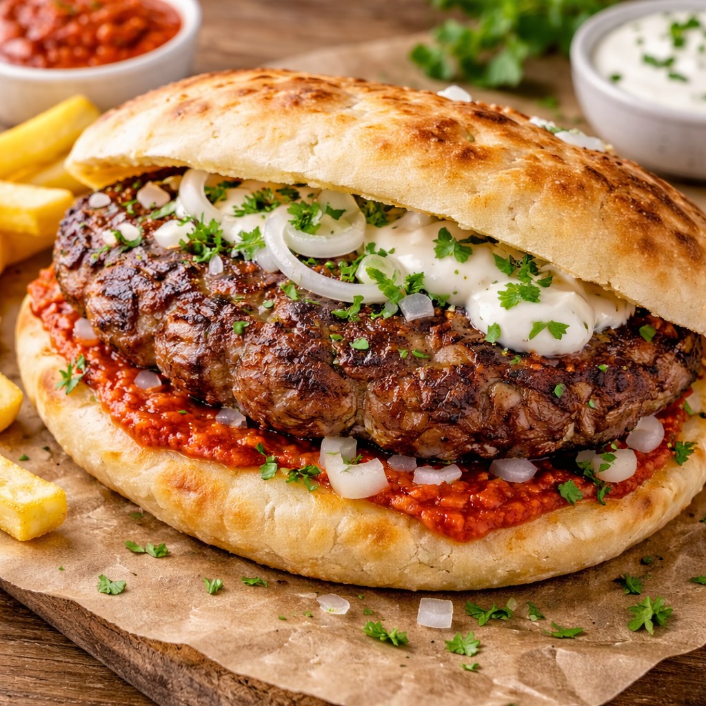 Pljeskavica i fladbrød med ajvar, cremet sauce, løg og persille samt pommes frites