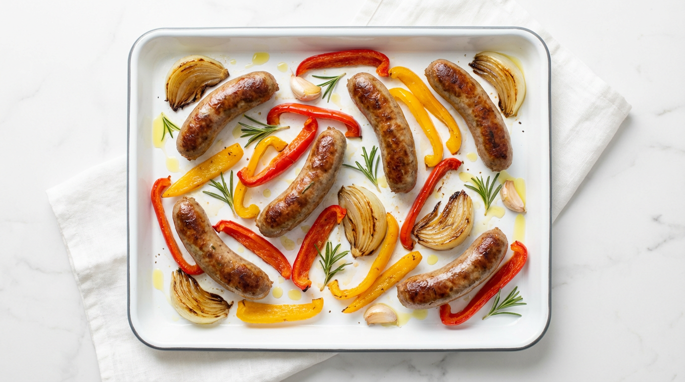 Stegte pølser med røde og gule peberfrugt på lysebakke, damp, rustikt lyst foto