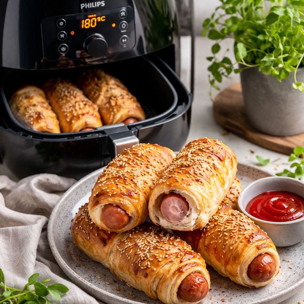 Gyldne pølsehorn med sesam på tallerken ved ketchup, flere horn i airfryer-kurv, display viser 180 grader