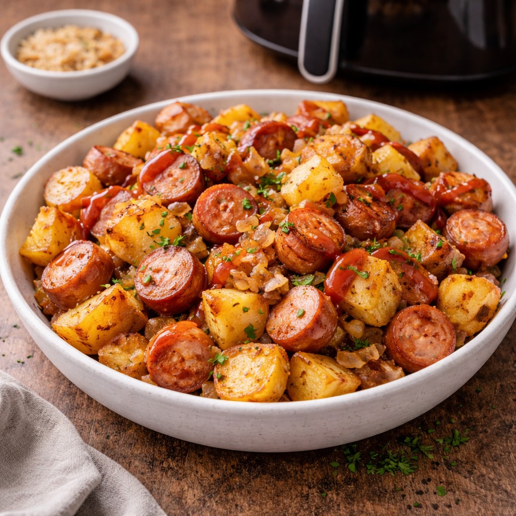 Pølsemix med stegte kartofler og løg serveret i skål foran en airfryer