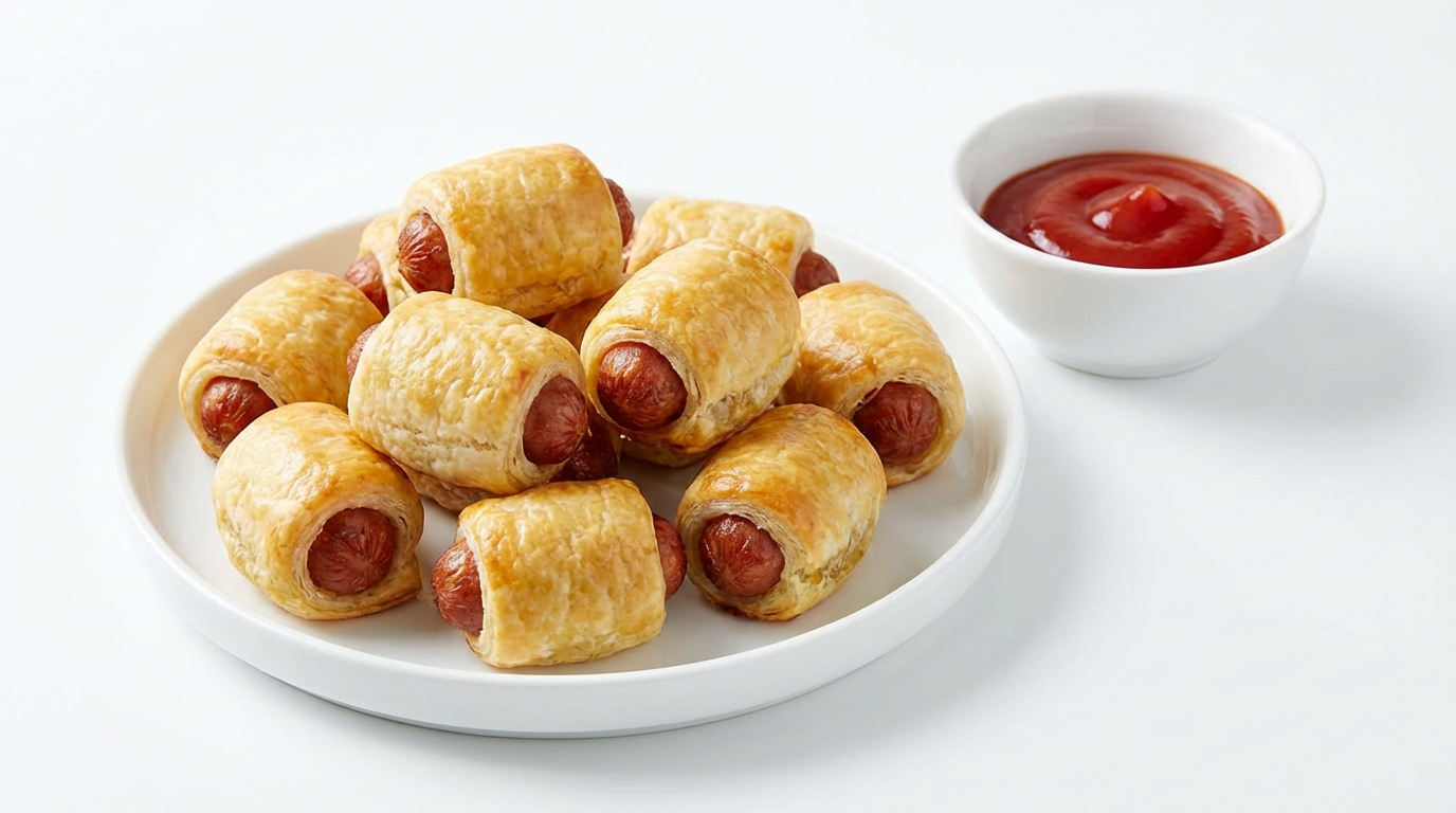 Små gyldne pølser i dej på fad med ketchuprem, lyst buffet-foto