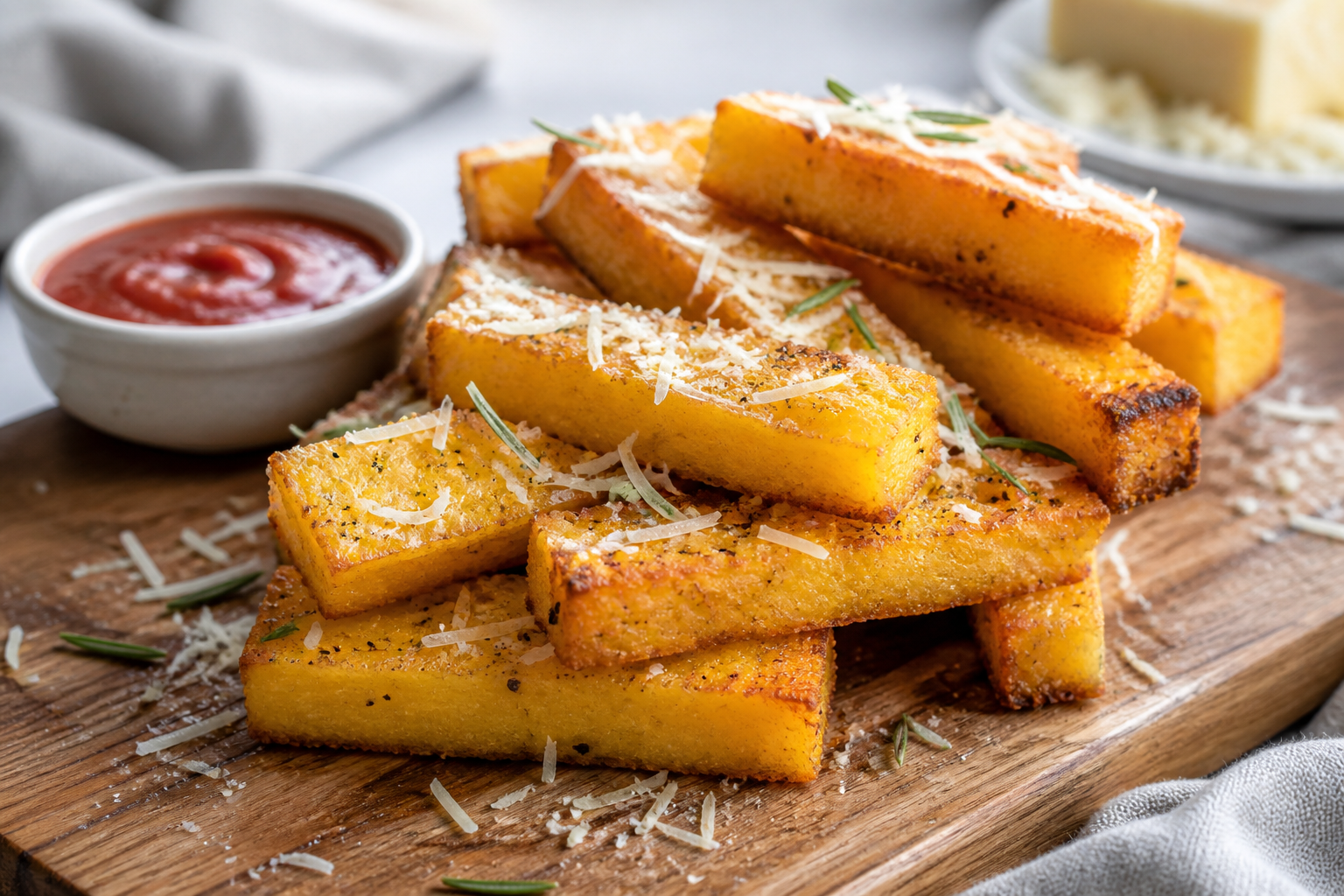 Gyldne polenta-snacks med parmesan og urter på træskærebræt