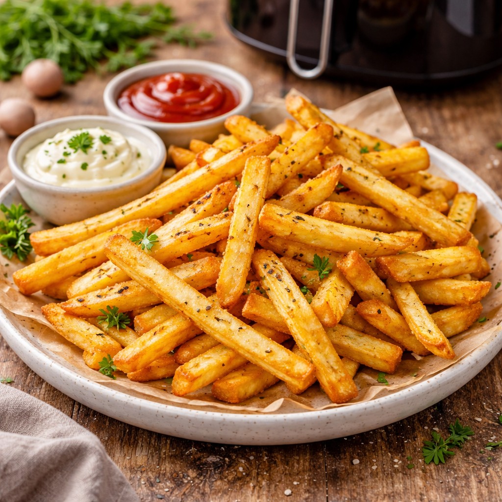 Sprøde gyldne pomfritter med ketchup og dip på tallerken foran en airfryer