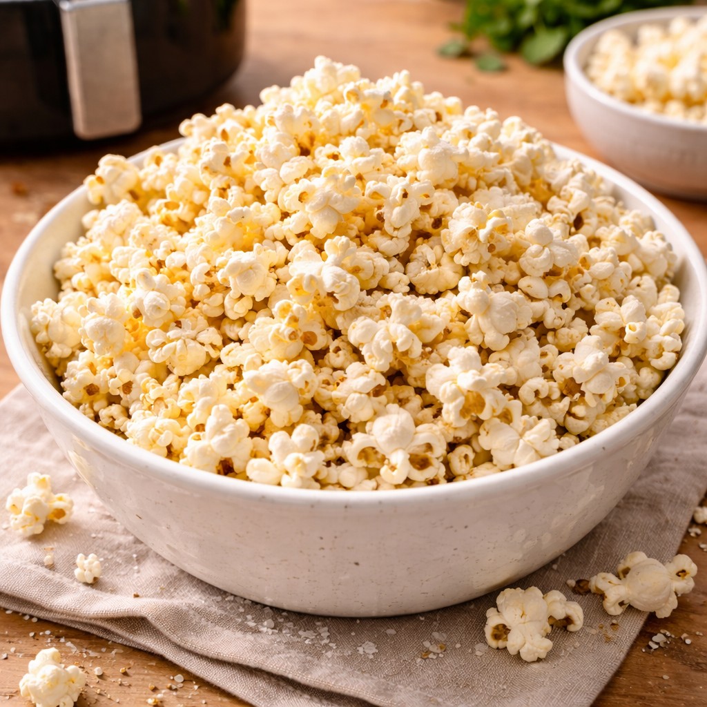 Skål fyldt med frisk popcorn på linned, saltkorn på bordet og airfryer i baggrunden