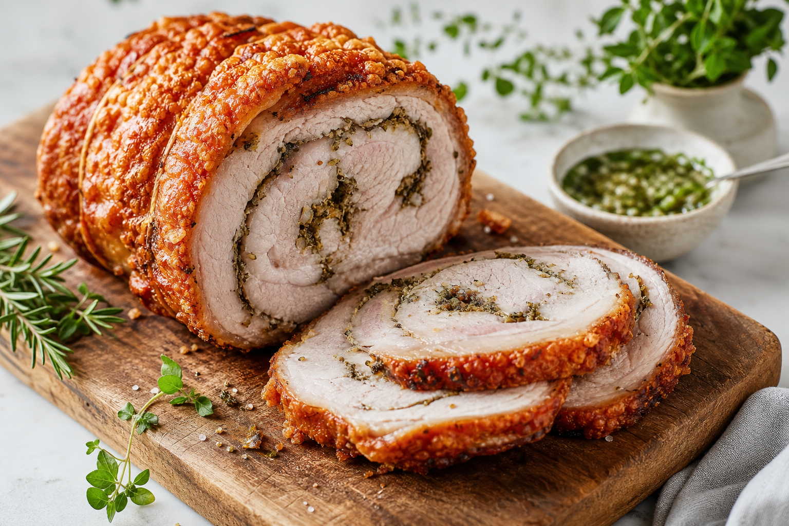 Skiver af porchetta med sprød svær og krydderier på skærebræt