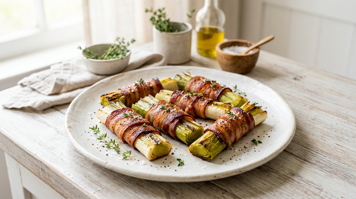 Porrebåde med sprødt bacon på fad med urter, lyst høj-key nordisk tilbehør