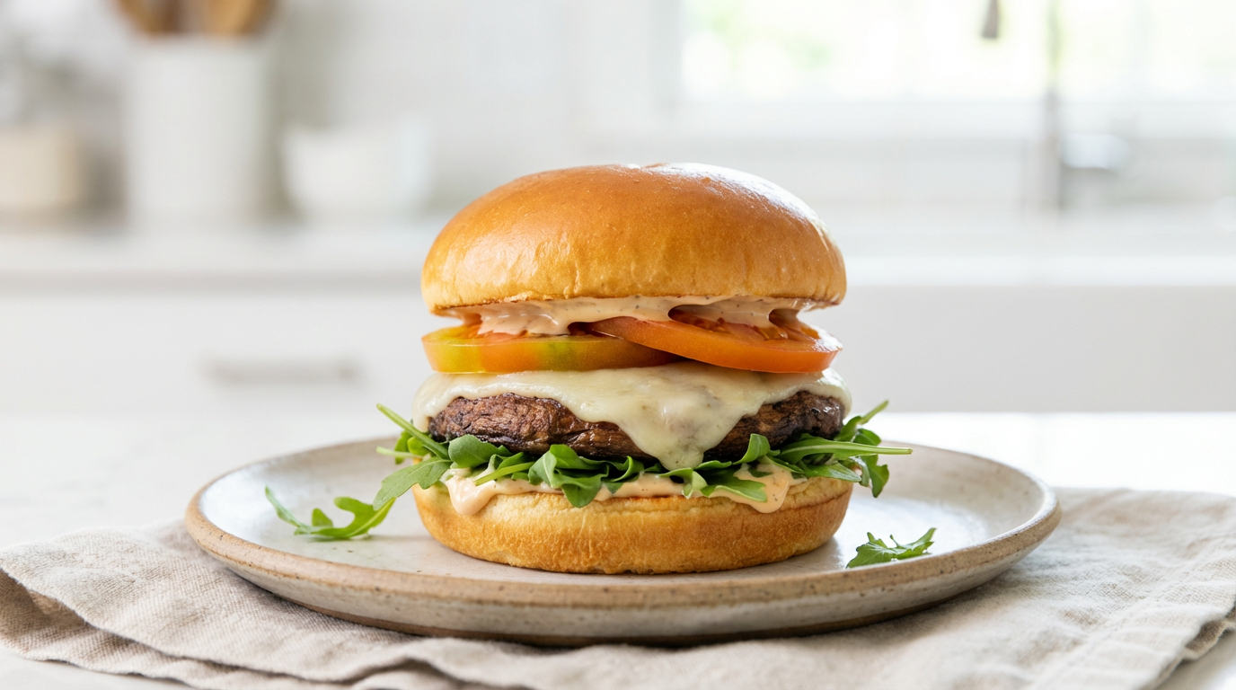Portobello burger med ost, tomat og salat på brioche, lyst lækkert plantebaseret foto