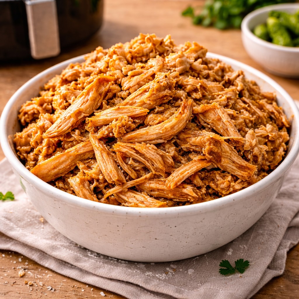 Skål med trukket kylling med krydret overflade på linned, airfryer og grønt tilbehør i baggrunden