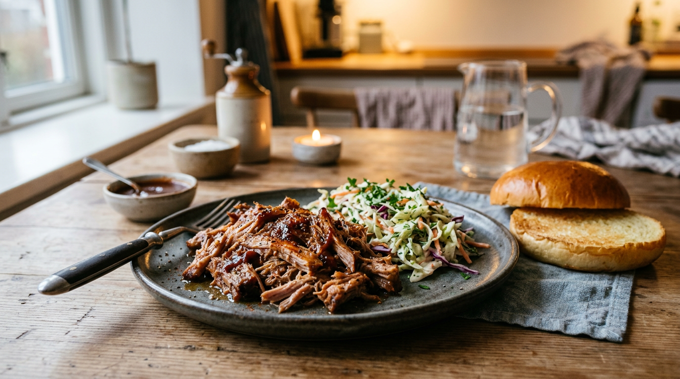 Håndpulled svinekød med salat og brød på tallerken