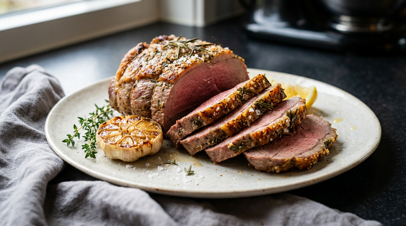 Tynde skiver af rådyrfilet med sauce og grønt