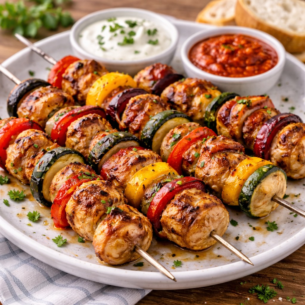 Tre spyd med kylling, squash og peberfrugt på tallerken med ajvar, cremet dip og brød
