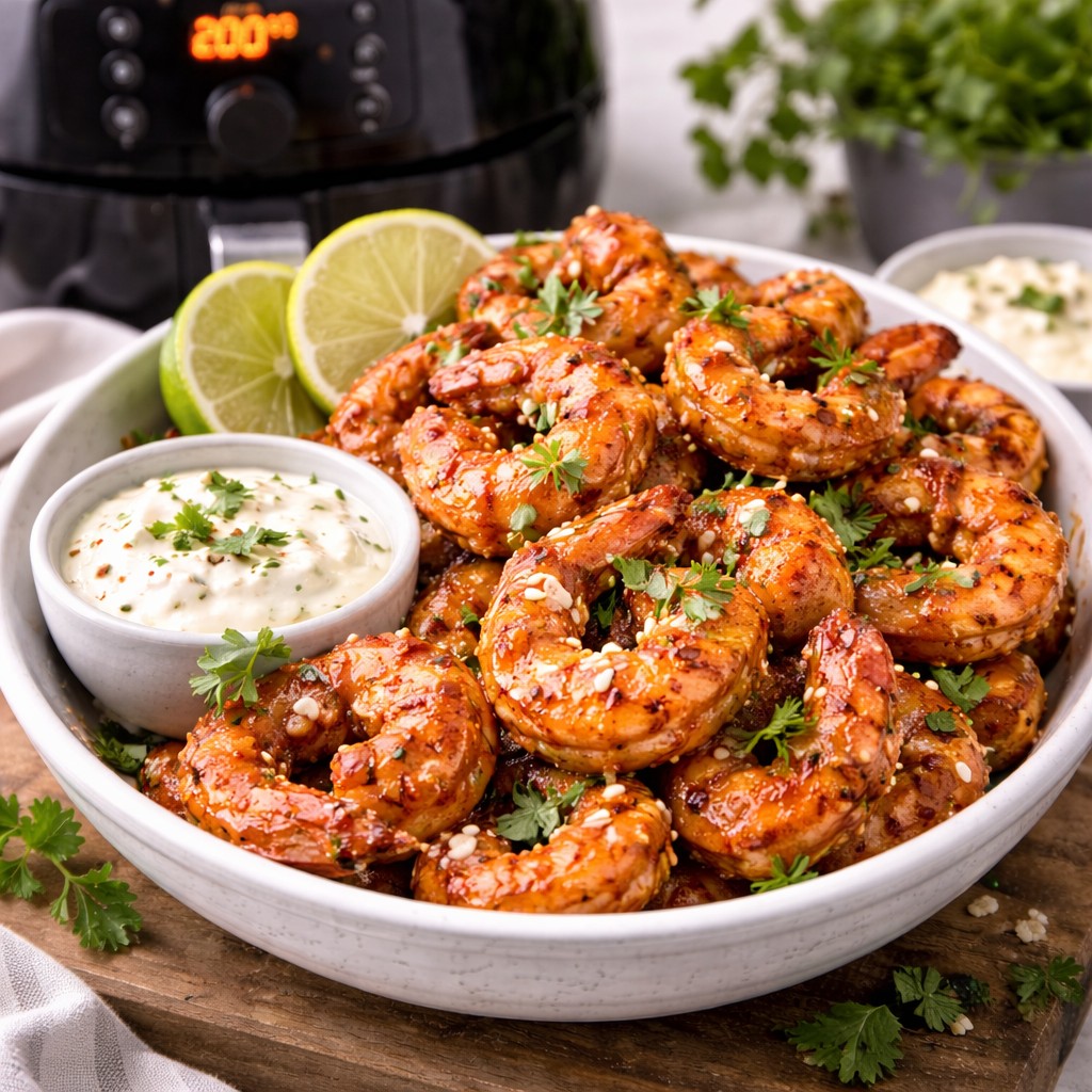 Sriracha-rejer fra airfryer med sesam, urter og lime ved siden af airfryer