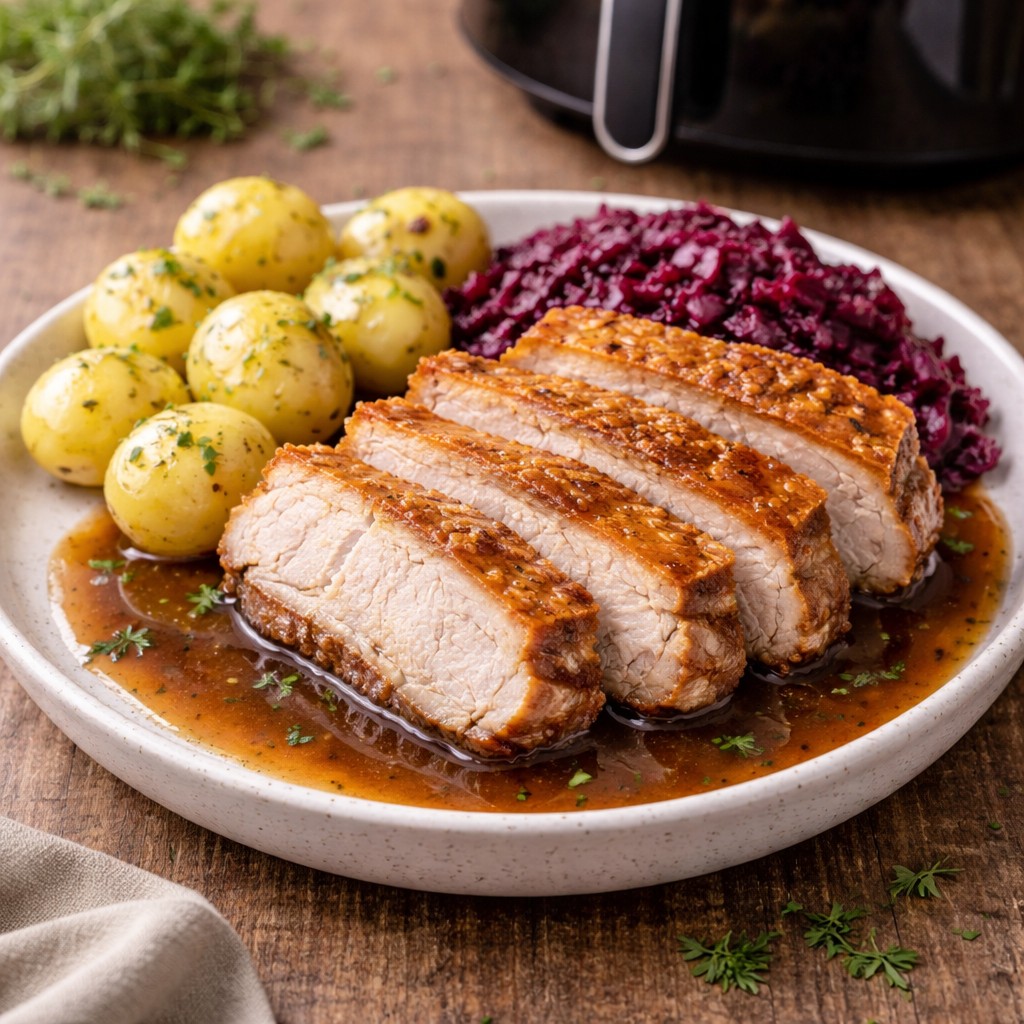 Skåret ribbensteg med sprød svær, kartofler, rødkål og sovs på tallerken foran en airfryer