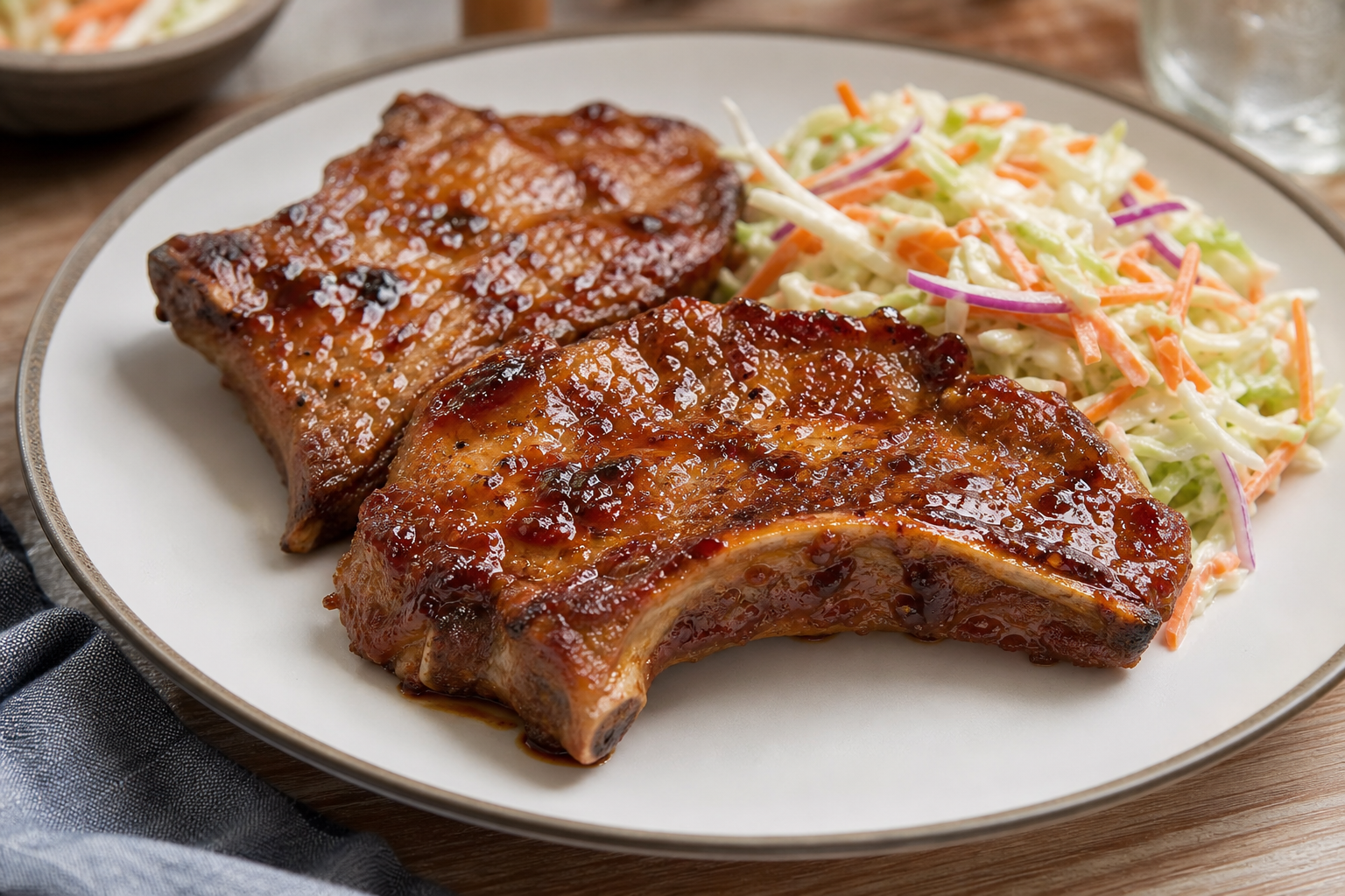 Stegte svine-ribsteaks med glasur og grønt på tallerken