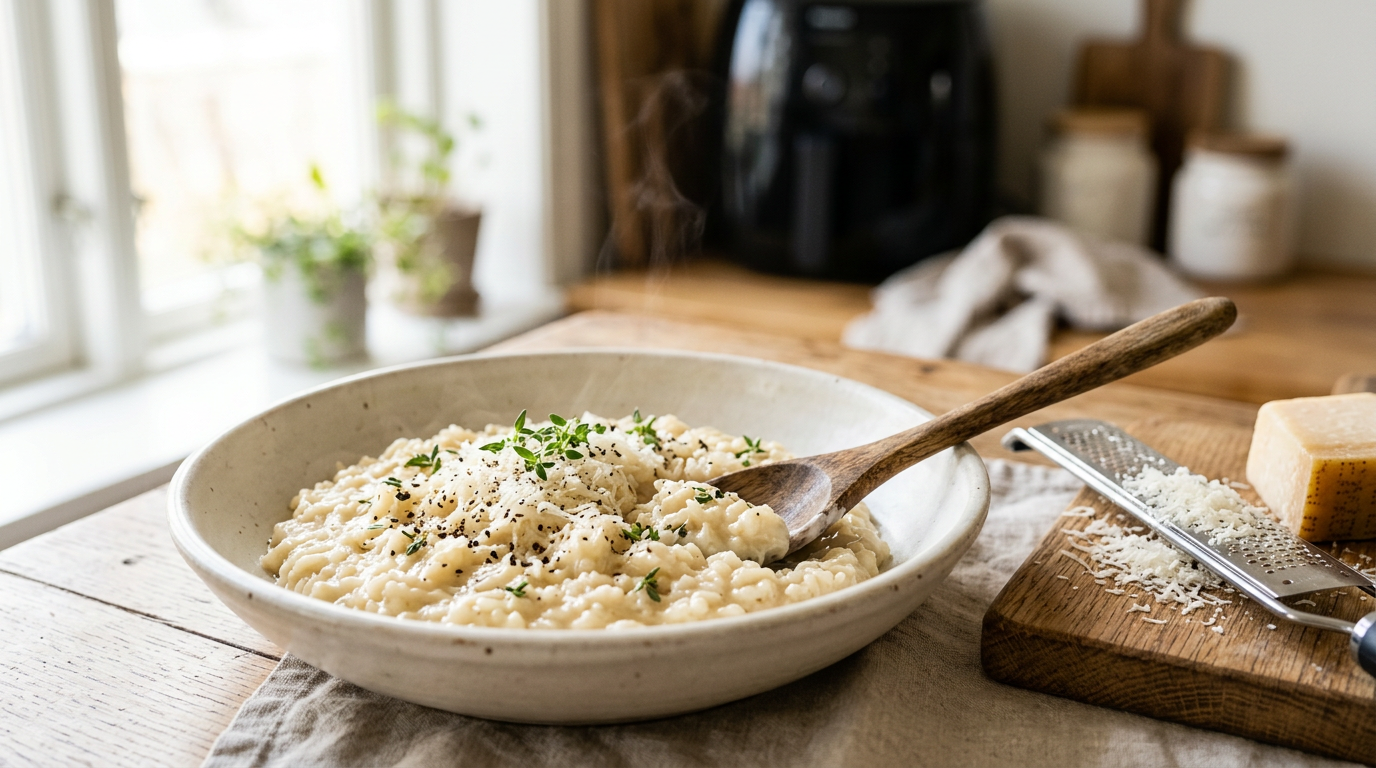 Cremet parmesanrisotto i skål med peber og revet ost — lyst køkken