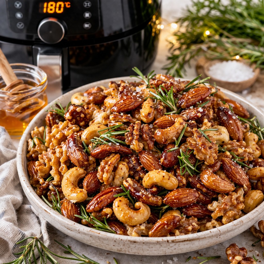 Skål med glaserede ristede nødder, rosmarin og groft salt, honningglas og træske ved siden af, airfryer med 180 °C på display i baggrunden