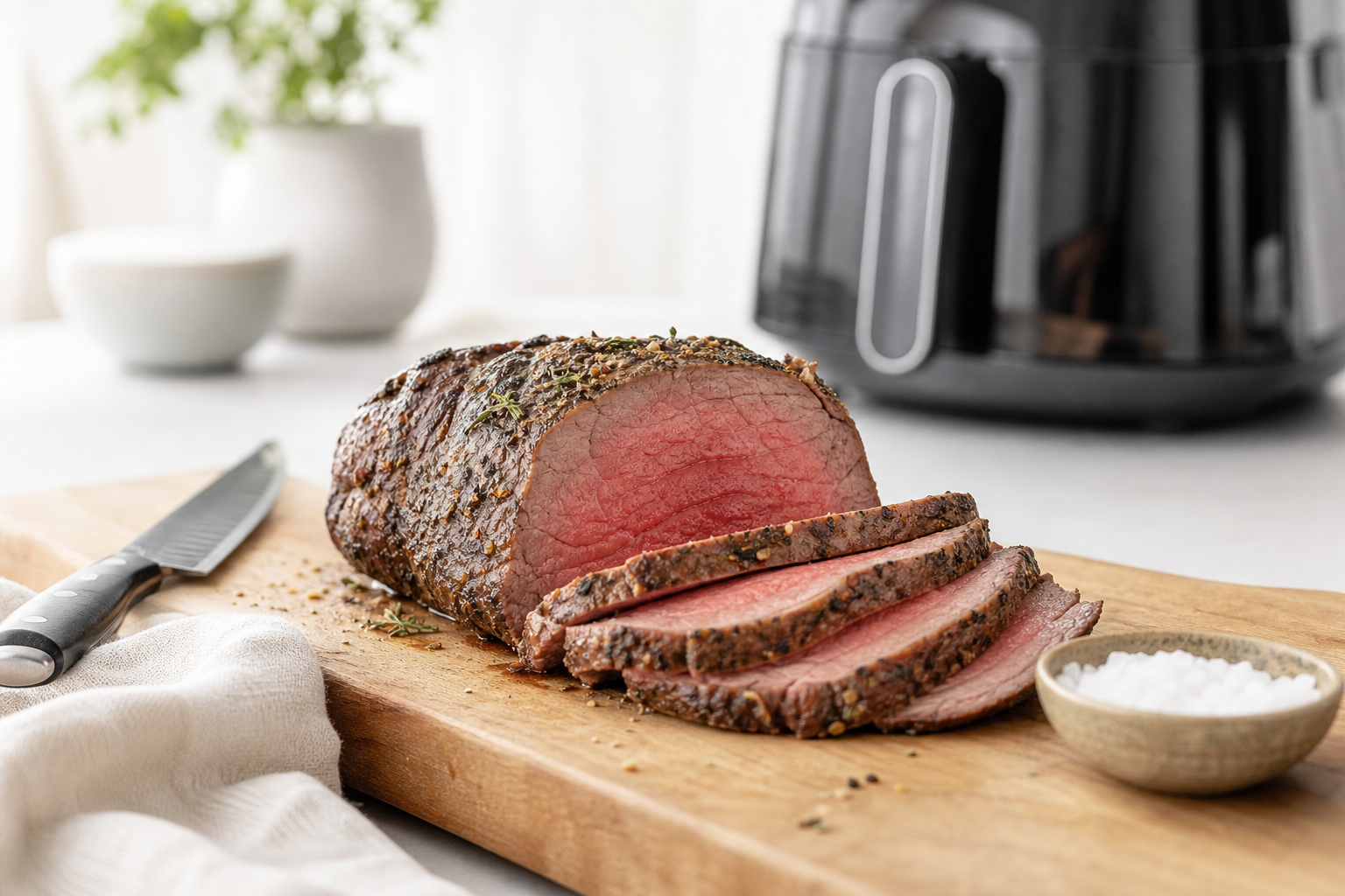 Udskaret rosastegt roastbeef på lyst skærebræt, groft salt ved siden af, lys nordisk belysning og airfryer i blødt fokus bagved.
