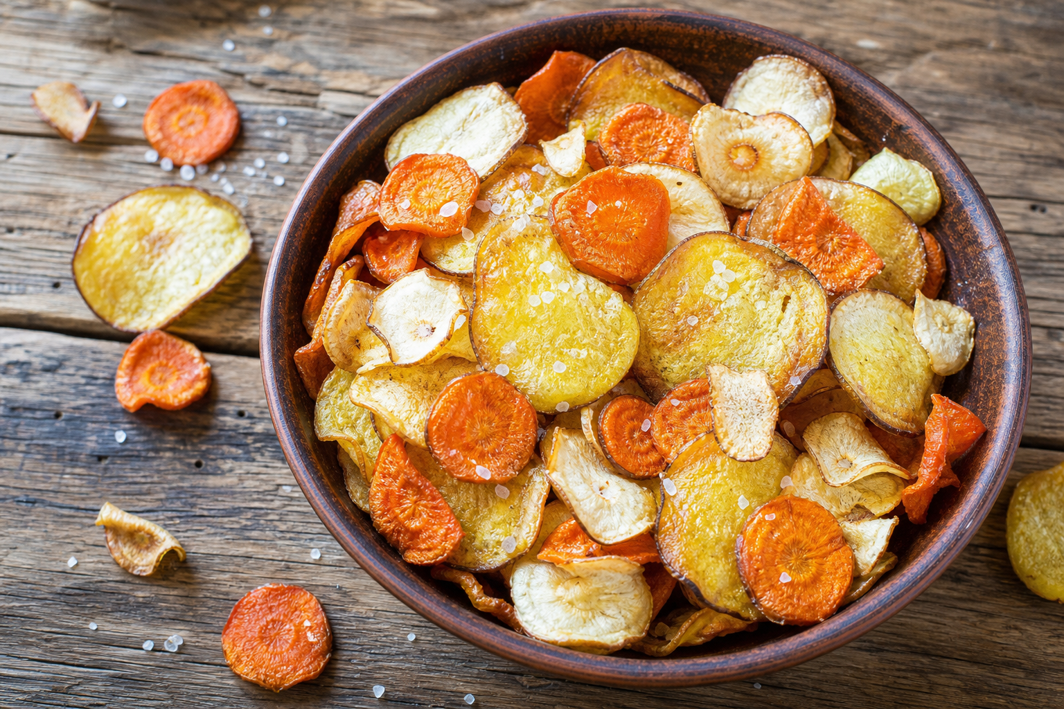 Skål med farvede rodfrugt-chips og salt på træ