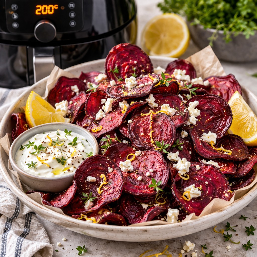 Sprøde airfryer rødbede-chips med feta, citron og dip i skål foran airfryer