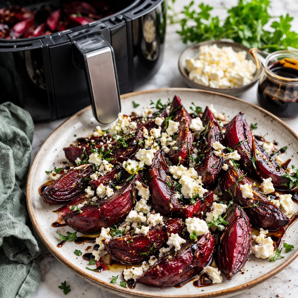 Ristede rødbedebåde på fad med smuldret feta, mørk balsamico-glaze og friske urter, airfryer med flere både i kurven og små skåle med feta og glaze i baggrunden